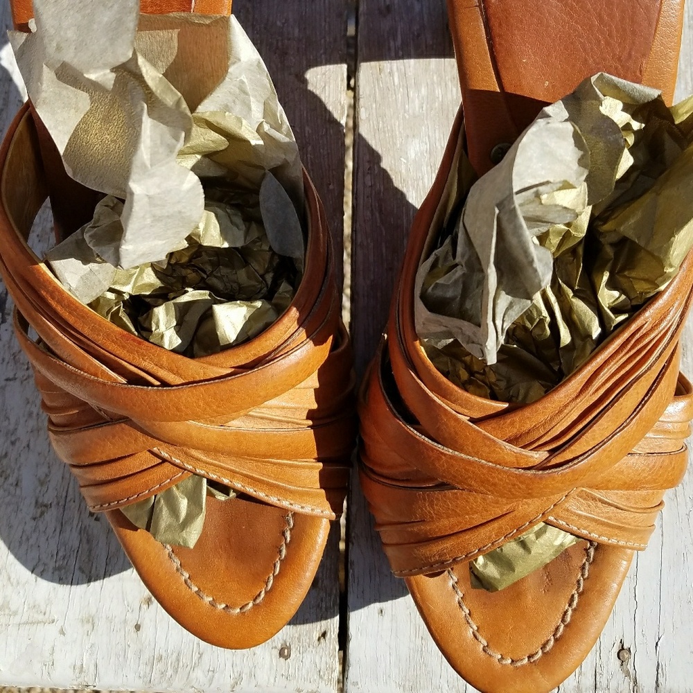 Frye Tan Leather Wood Clog Platform Size 9